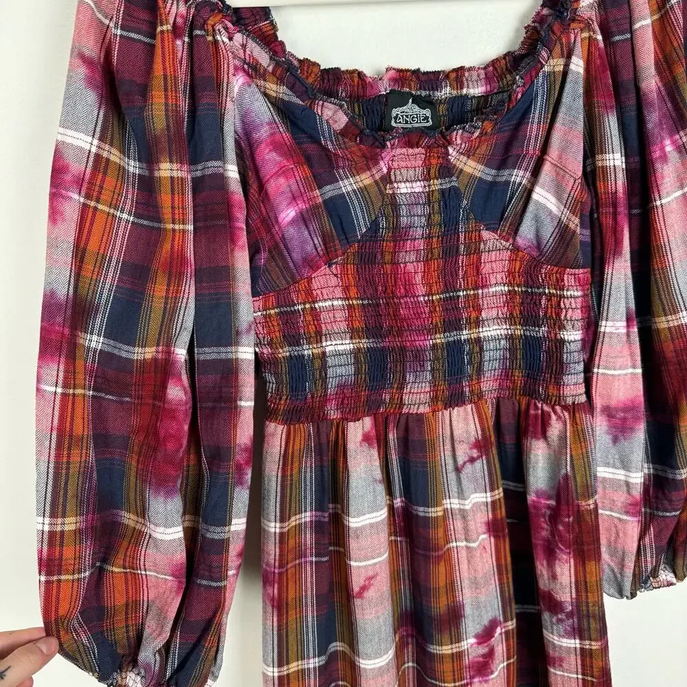 Angie Plaid Flannel Long Sleeve Dress Ruffle Hem Bleach Effect Size S Smocked